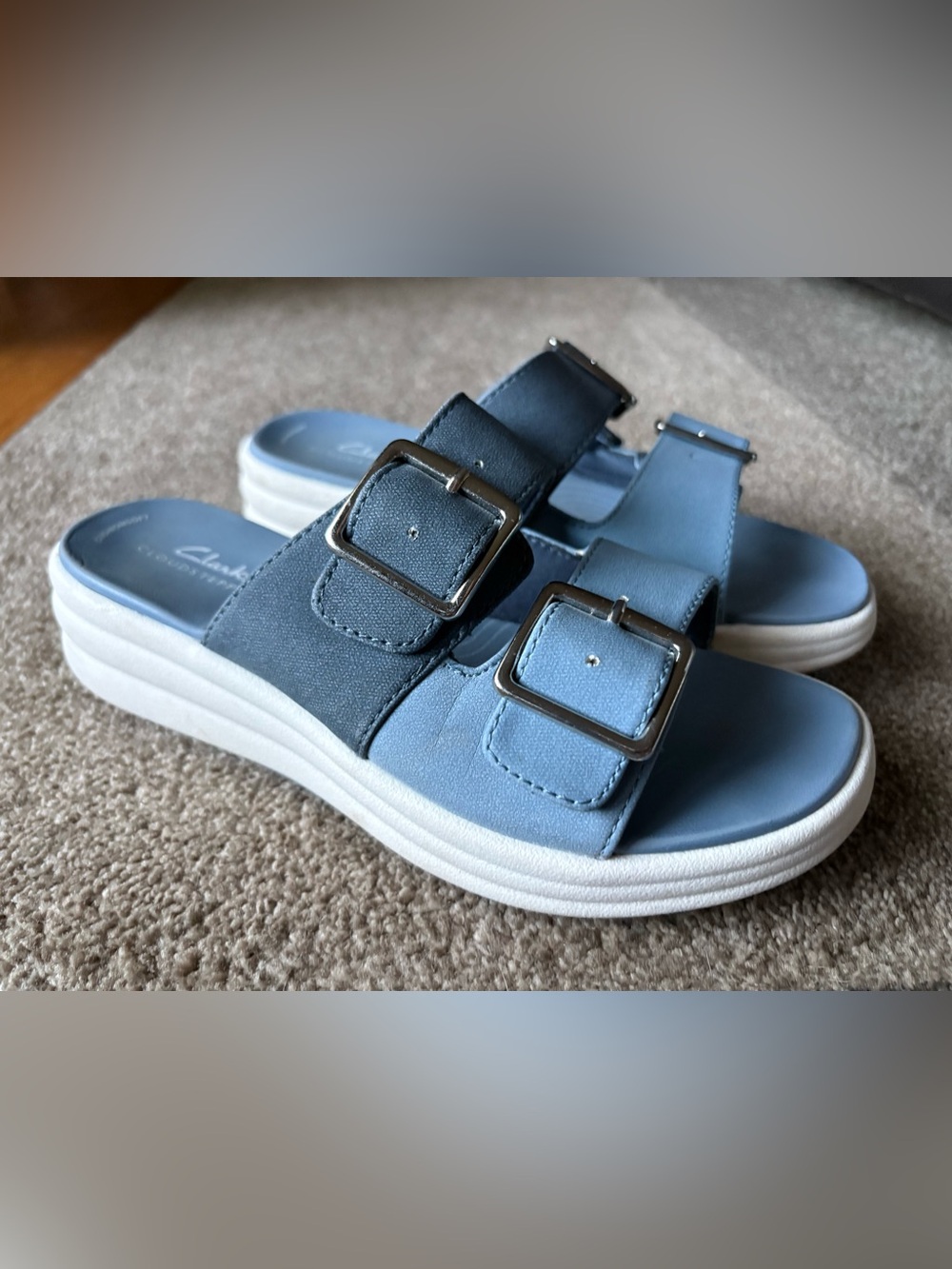 Clarks Cloudsteppers Drift Buckle Slip-On Slide Wedge Sandals Blue - 7